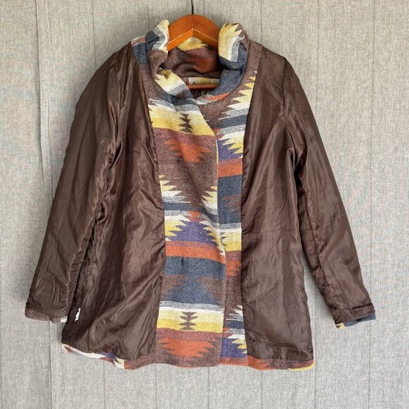 Vintage Y2K Mossimo Supply Co Aztec Print Hooded Shawl Collar Belted Coat - Picture 7 of 12
